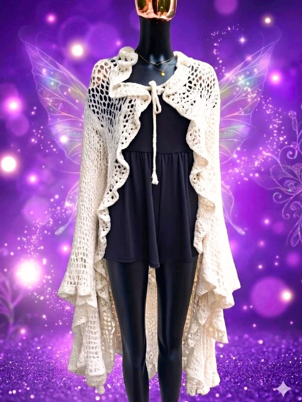 Women's White Crochet Lotus Duster Cardigan /Wrap Ruffle Edge Lightweight